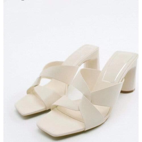 Sandals Women 2021 Luxury Brand Summer New Cross Fashion Square Toe High Heel Design Sexy Rhinestone Muller Sandals And Slippers