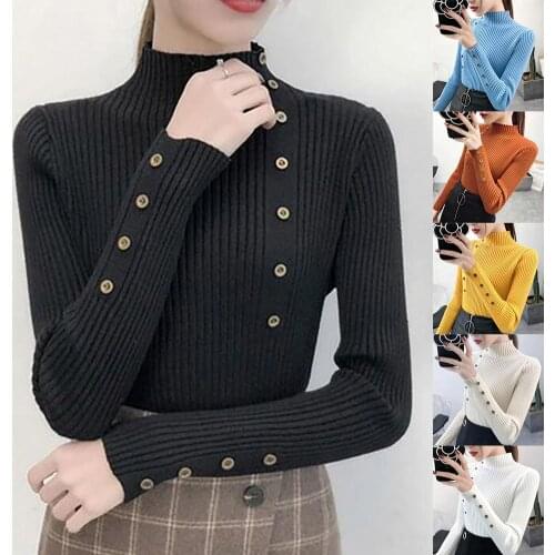 Women Autumn Turtle Neck Solid Color Knit Sweater Elastic Slim Pullover Jumpers