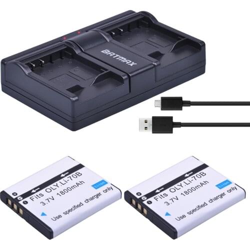 2Pcs 1800mAh Li-70B Li 70B Battery + Dual USB Charger for Olympus FE-4020 FE-4040 FE4020 FE4040 D705 FE5040 D-705 D-710 VG-110