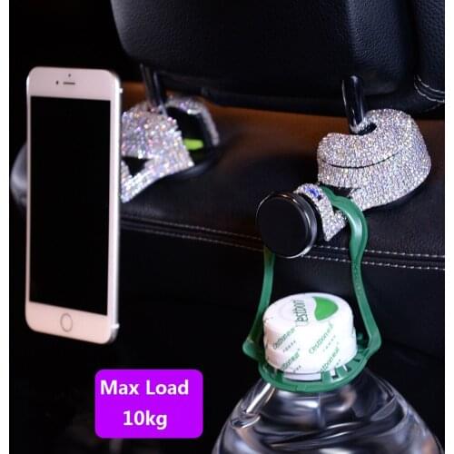 2pcs Luxury Crystals Car Seat Back Hooks with Magnetic Phone Holder Front Seat Hanging Hook Headrest Organizer 10kg Max Load