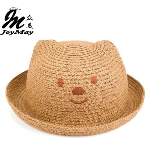 2016 Fashion Straw Hats Summer Baby Ear Decoration Lovely Child Character Girls And Boys Sun Hat Solid Children Floppy C017