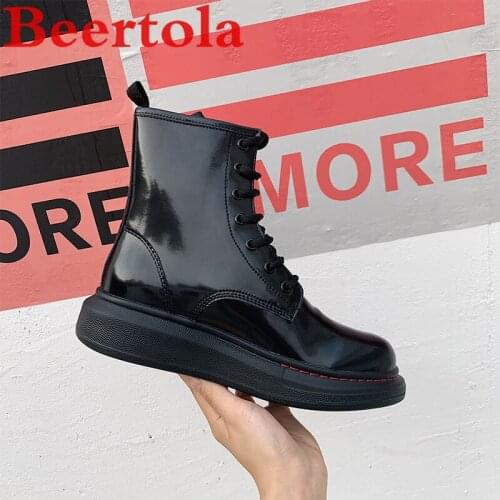 Genuine Leather Boots Women Round Toe Lace Up Womens Martin Boots British Style Platform Fashion Shoes Chaussures Femme