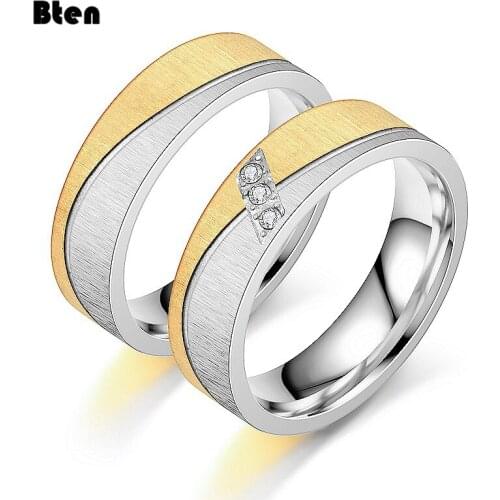 Bten 2020 New Gold Color Stainless Steel CZ Stone Wedding Couple Rings for Women Men Lover Anniversary Jewelry Gifts