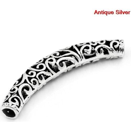 5 PCs Doreen Box Spacer Beads Tube Alloy Silver Color Hollow Pattern Carved 6.6x1.2cm For DIY Jewelry Making Findings, Hole: 6mm