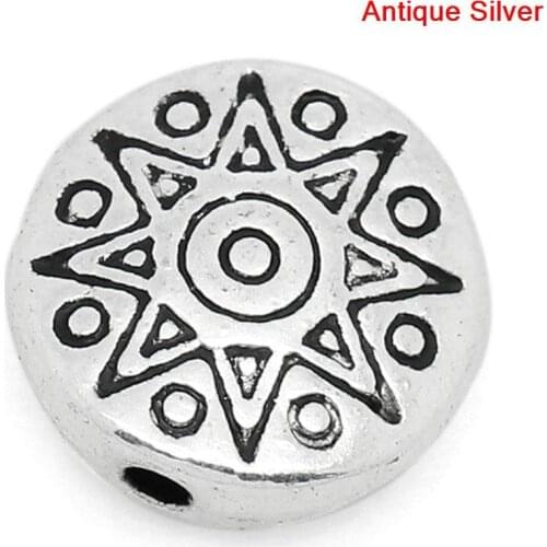 8Seasons Spacer Beads Round Antique Silver Color Sun Pattern Carved DIY Making Jewelry 10mm Dia,Hole:Approx 1.4mm,50PCs