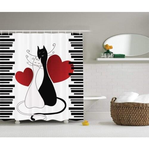 Animals Decor Cats in Love Shower Curtain Romantic Kittens Pets Couple Two Tails Hearts and Black Stripes Love Bathroom Curtains