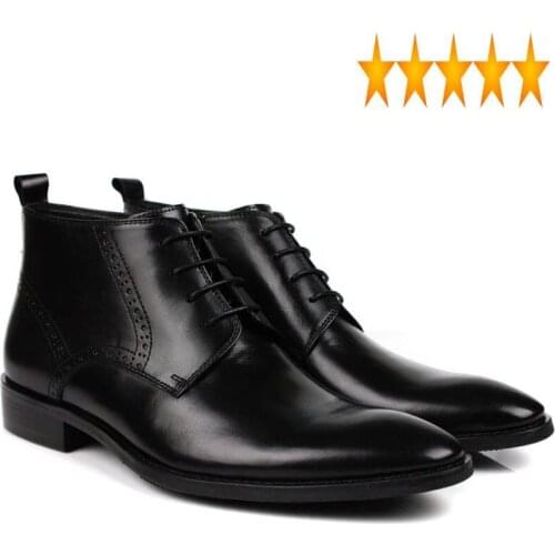 Formal Man Italian Ankle Business Boots Retro Brogue Pointed Toe Zipper Top Brand Genuine Leather Wedding Party Male Dress Shoes