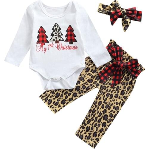 Babys Clothes Girls Christmas Clothes Set Printed Pattern Long Sleeve Kids Romper Pants and Headdress Childrens Clothing Set