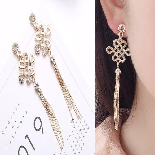 Temperament Long Chinese Knot Retro Earrings Korean Net Red Student Wild Personality Tassel Earrings High Sense Earrings