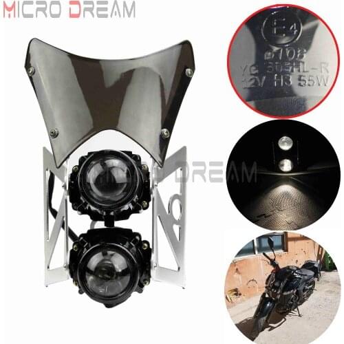 Emark Motorcycle Dirt Bike Plastic Twin Headlight Silver Bracket Universal Projector Dual Sport Headlamp Lamp w/ Windscreen