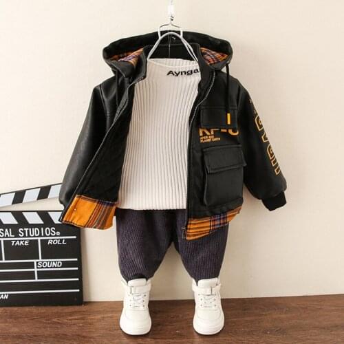 Fleece Thickening Fall Winter Boys Jacket Thermal Hooded Fashion Kids Coat Leather Fashion Childrens Clothing