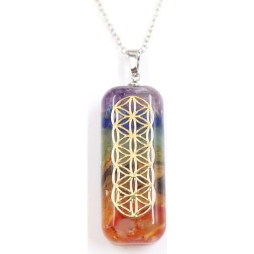 FYSL Light Yellow Gold Color Rectangle Shape Rainbow Stone and Resin Pendant Link Chain Necklace Orgone Energy Jewelry