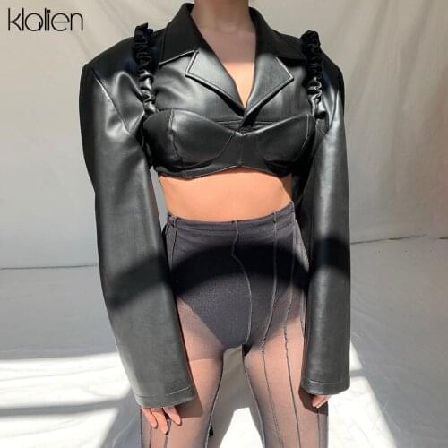 KLALIEN Fashion Autumn Slim Solid Black PU Leather Two Piece Short Jacket For Women 2021 Autumn New Outerwear Street Y2K Jacket