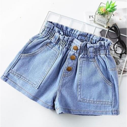 Summer Girls Denim Shorts Teenage Elastic Waist Cotton Breathable Pants Fashion Jeans Casual Clothing for Children 4-13T
