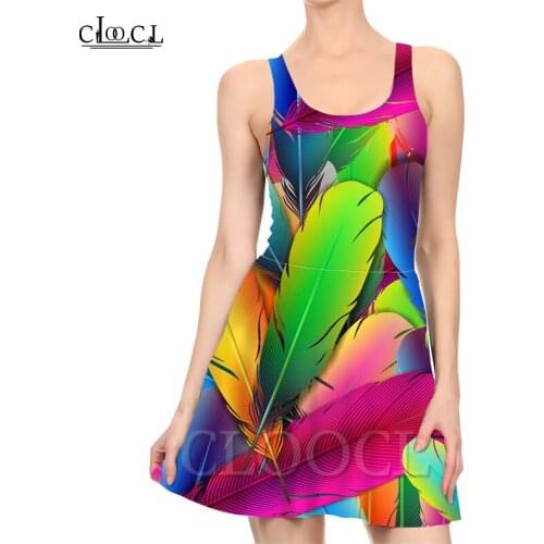 CLOOCL Fashion Colorful feather pattern Ladies Summer Trend Party Girls 3D Print Pattern Dress Sexy 2021 New