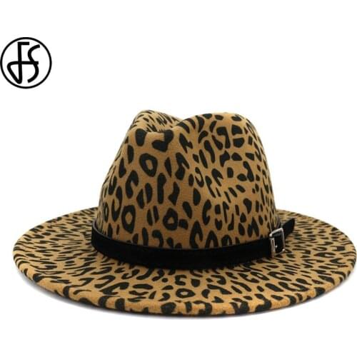 FS Unisex Flat Brim Wool Felt Jazz Fedora Hats Men Women Leopard Grain Leather Band Decor Trilby Panama Formal Hat Cowboy Cap