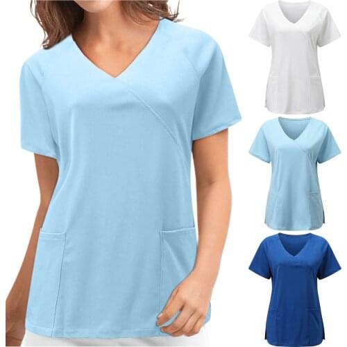 New Medical Uniforms for Women Short Sleeve V-neck Nurse Tops Nursing Working Uniform T-shirts 2021 Plus Size Scrubs Women Tops