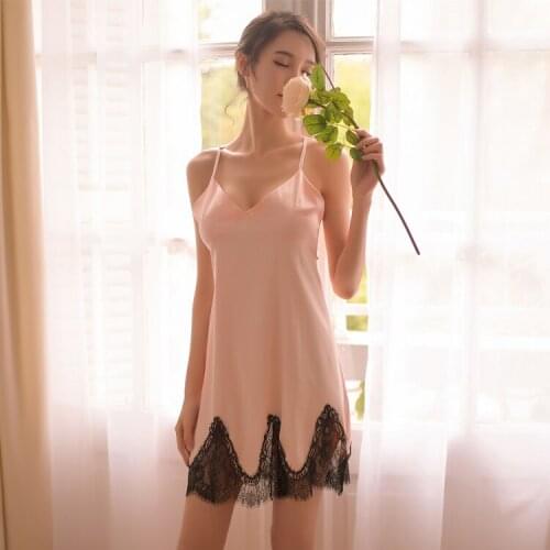 Sexy imitation silk night dress V-neck straps temptation sleepwear backless lace nightgown black vs pink home dress