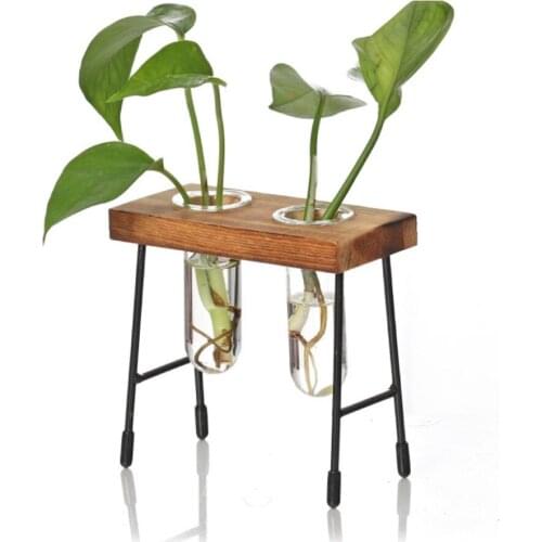 Simple Glass Clear Tube Shape Bonsai Flower Vase Plant Pot Hydroponic Terrarium Container Holder With Wood Retro Stand Desktop