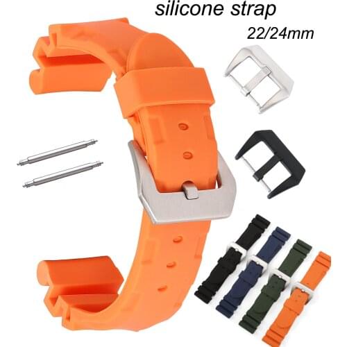 Silicone Replacement Watch Band 22mm 24mm Watch Strap Soft Sports Rubber Watchband Wrist Bracelet Black Silver Buckle with Pins