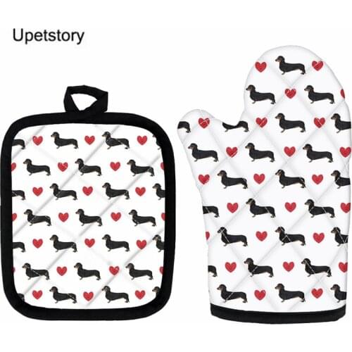Cute Dachshund Pattern Kitchen Oven Mitts Insulation Baking/Cooking Gloves Polyester Gloves and Mat Set Hot Sale Cooking Pad
