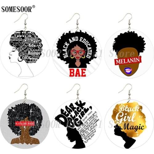 SOMESOOR BAE Black Girl Magic Wooden Drop Earrings Melanin Poppin Educated Queen Natural Hair Art Painted Dangle For Women Gifts