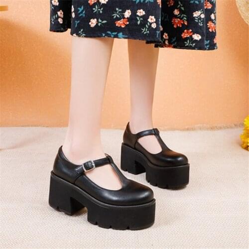 PXELENA JK 2021 Spring Vintage T Strap Platform Shoes Women Chunky Block High Heels Thick Sole Punk Rock Gothic Pumps Lady 35-43