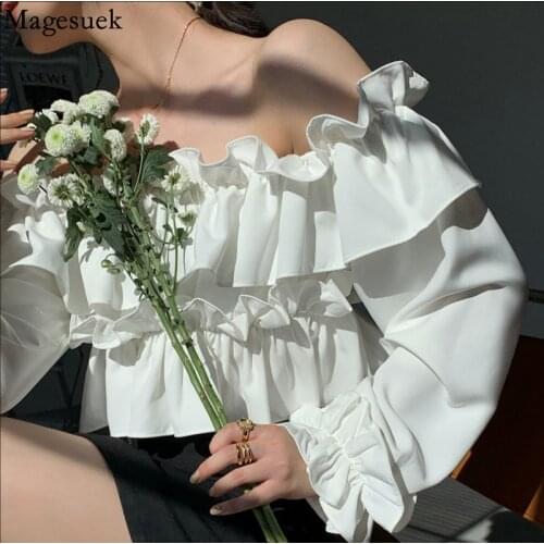 Off Shoulder Long Sleeve Ruffles Shirt Autumn Slash Neck Pleated Blouse Women Solid Chiffon Shirt Sweet Casual Tops Blusas 15670