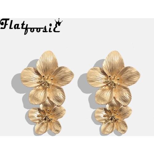 Flatfoosie Fashion Geometric Long Stud Earrings For Women Wedding Vintage Flower Gold Color Punk Statment Gifts Earrings Jewelry