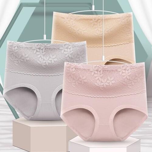 Womens cotton underwear buttocks sexy lace trim large size briefs high waist female panties