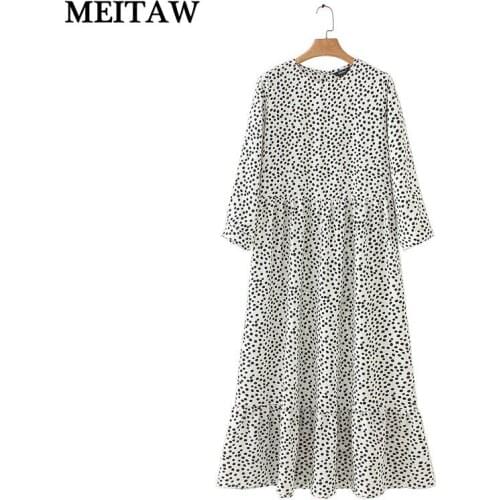 2019 Autumn Women Dot Print Maxi Dress Casual V-Neck Long Sleeve Pleated Dress Female Elegant Party Dresses Vestidos