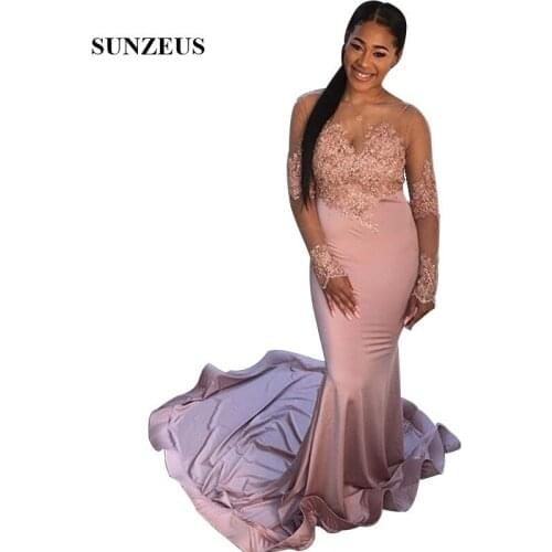 Mermaid Long Sleeves Prom Dresses With Appliques Sweep Train Long Party Gowns Jersey Women Formal Dress