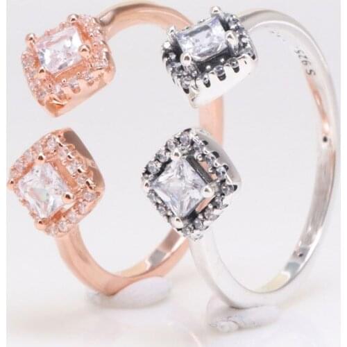 100% 925 Sterling Silver Pan Ring New Open Geometry Rose Gold Sparkle Ring For Women Wedding Party Gift Fashion Jewelry