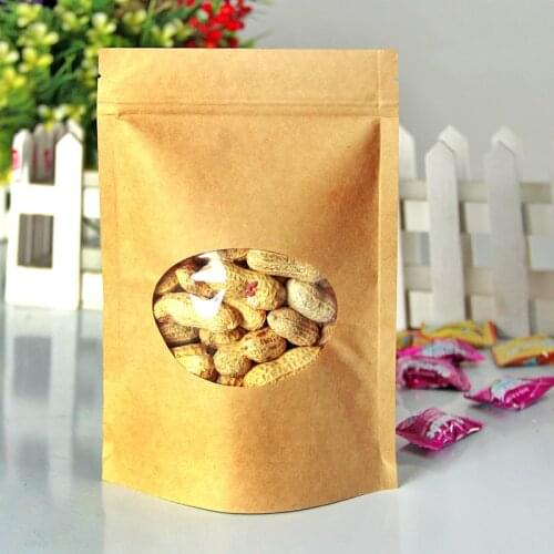 18x26+4cm Zipper Brown Kraft Paper Bag with Oval Window , High Barrier Pouches to Keep Gourmet Food, Tea, Candy & Coffee Fresh