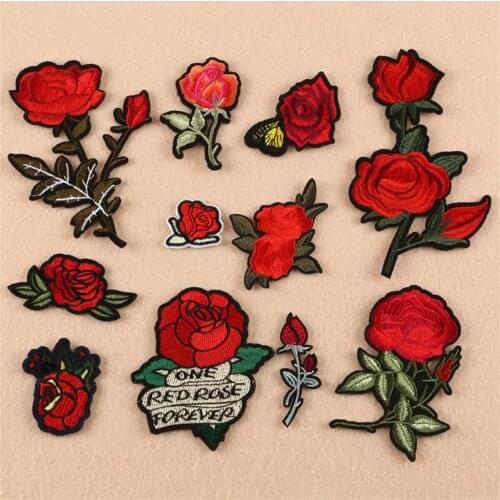 7/8/11 Pcs Red Rose Flower Embroidered Iron on Patches for Clothing DIY Clothes Patchwork Sticker Sewiner Flowers Applique Patch