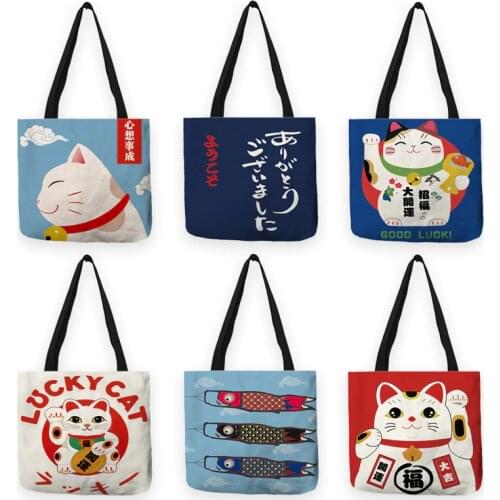 B13011 Cute Iapanese Fortune Cat Print Women Handbags Shoulder Bag Reusable Shopping Bags Large Capacity