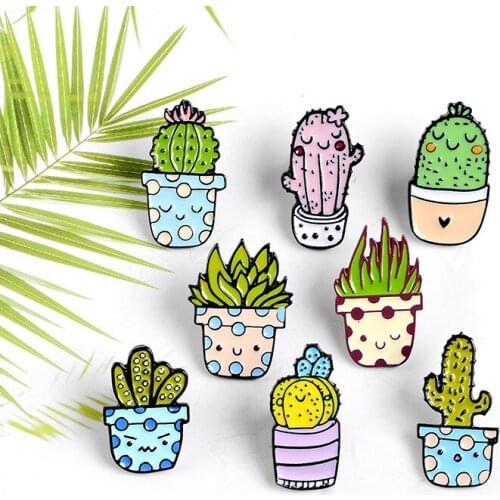 Potted Plant Enamel Pins Cartoon Cactus Aloe Brooches backpack button Badge fashion Natural Jewelry Gift for Kids Friends