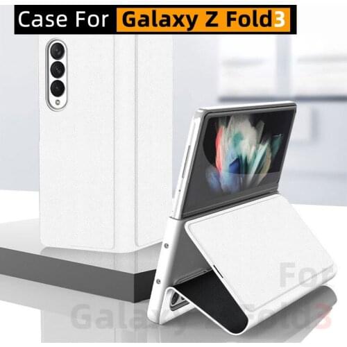 For Galaxy Z Fold 3 Case, Galaxy Z Fold3 Case, Ultra-Thin Genuine Leather Drop-Resistant Bracket Protective Shell