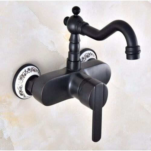 Black Oil Rubbed Brass Wall Mounted Bathroom Kitchen Faucet Single Handle Hot and Cold Water Tap 360 Swivel Spout Kitchen Mixer