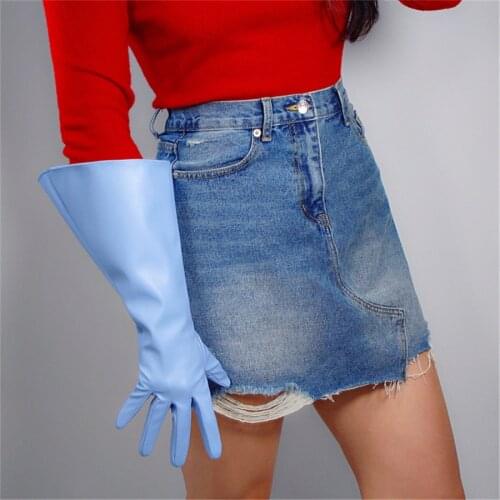 Long Gloves 38cm Big Sleeves Puff Sleeves Simulation Leather Imitation Leather Light Blue Unisex DXPU03