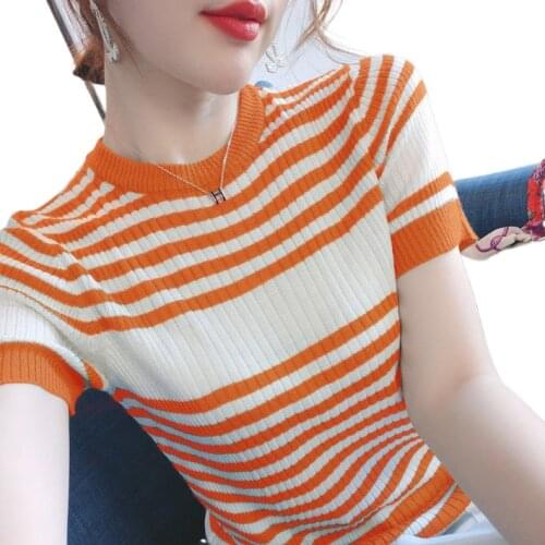 Ice silk short-sleeved t-shirt women loose and thin striped thin knit sweater 2021 summer new all-match base coat women