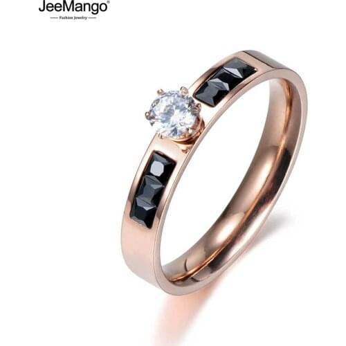 JeeMango Classic Titanium Steel Rings Micro White/Black Rectangle Cubic Zirconia Wedding Engagement Ring For Women JR18012