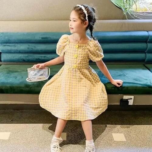 Girls Summer Cotton Plaid Dress Kids Square Collar Knee Length Dresses For Girls Toddler Little Girls Princess Clothes 6 8 10 12