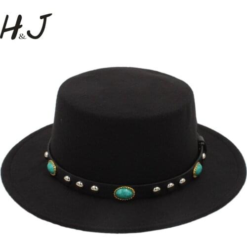 Fashion Women Flat Homburg Fedpra Hat For Winter Autumn Elegant Lady Wool Pork Pie Boater Hat With Punk Belt Size 56-58CM