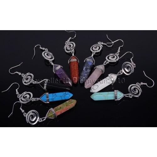 Natural Gems Stone Rotate Hexagonal Reiki Chakra Pendant Silver Hook Earrings Jewelry Design 5 Pairs/Pack