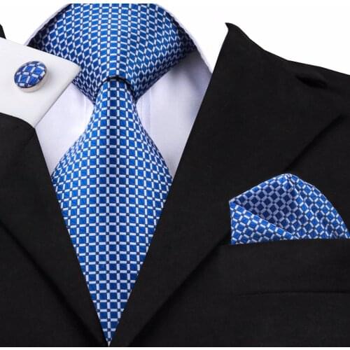 SN-1518 New Arriving Ties Men Fashion 2017 Hi-Tie Design Royal Blue Neck Tie Pocket Square Cufflinks Set for Mens Business Party