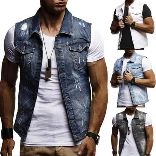 New Mens Denim Vest Jean Jacket Waistcoat Sleeveless Trendy Slim Casual Jacket