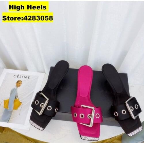 Casual Designer Women Sandals Black Satin Slik Genuine Leather Buckle Strappy High Heels Sandalias mujeres Zapatos