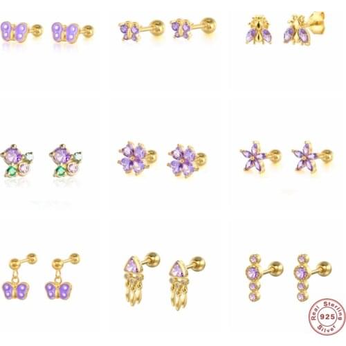 Romantic Purple Crystal Stud Earrings 925 Sterling Silver Cartilage Earring Enamel Piercing Pendientes Brincos Summer Jewerly