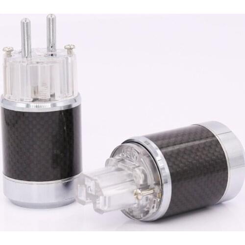 High quality Pair Carbon Fiber Rhodium Plated EU Schuko Power Plug Male Female Power Connector hifi